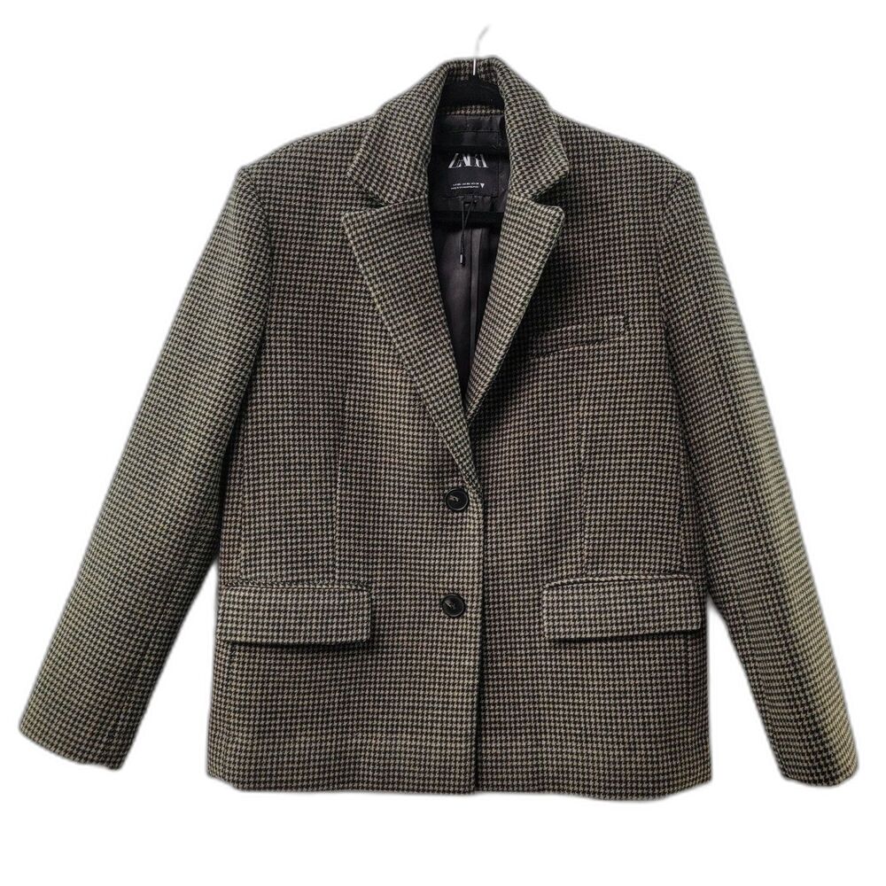 ZARA Houndstooth Blazer Wool Blend Single Breasted Cuffs 2 Front Pockets XS